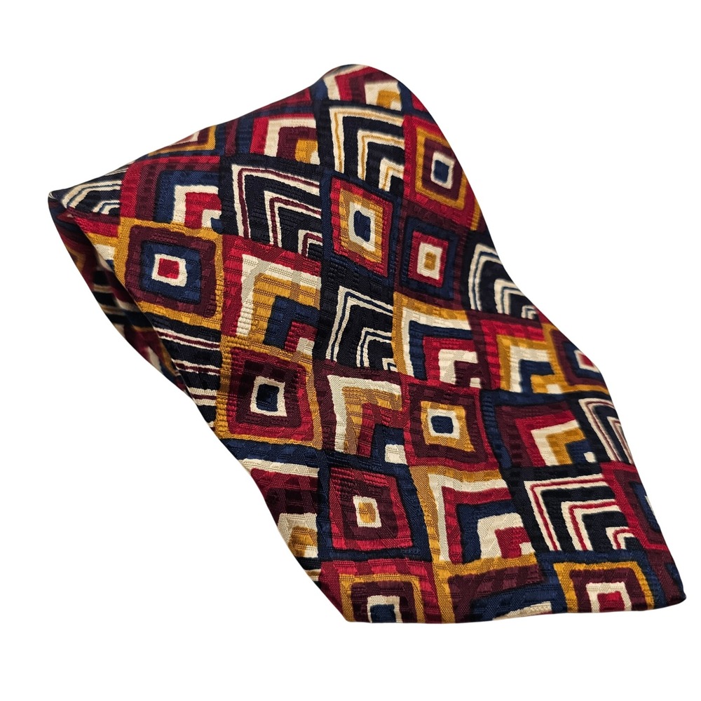 Brioni Silk Tie Italy Geometric Diamond Retro Vintage Burgundy Gold Designer